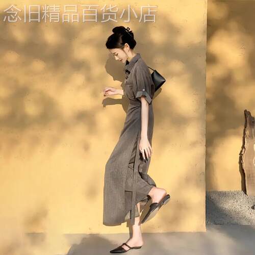 法式灰色短袖衬衫洋装女2026夏季新款超好看独特漂亮两件套裙子
