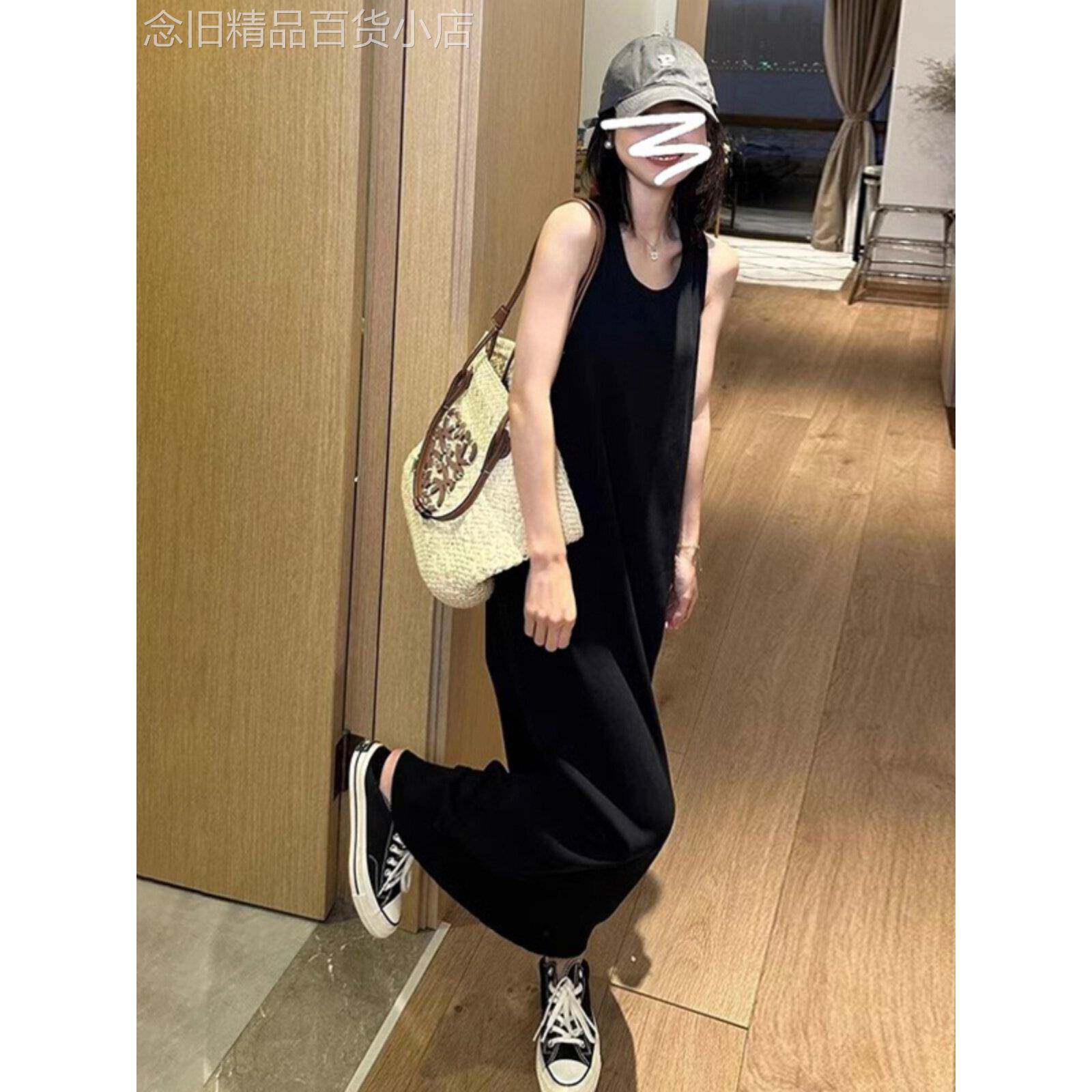 黑色U领无袖背心连衣裙女秋冬季欧货收腰打底长裙遮肚显瘦懒人裙