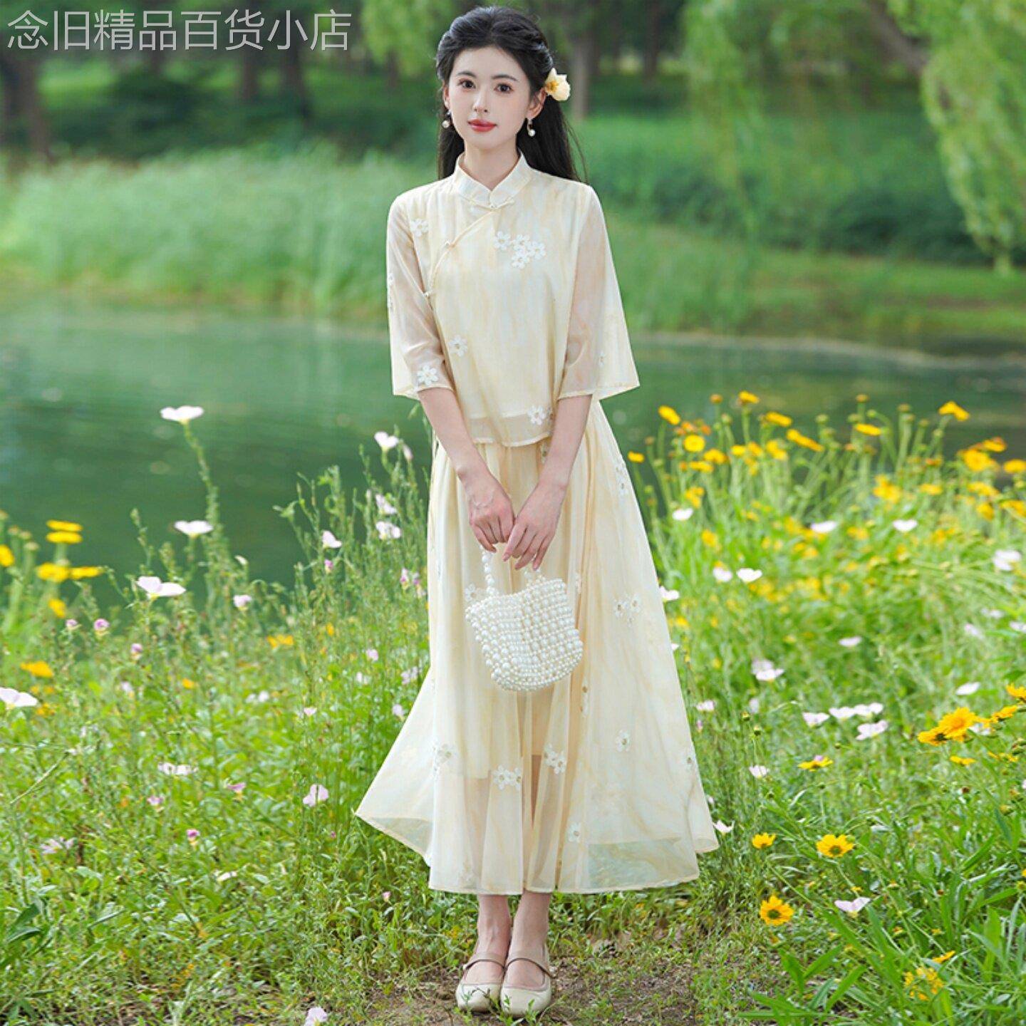 新中式国风套装女夏季2026新款汉服旗袍上衣半身裙禅意茶服两件套