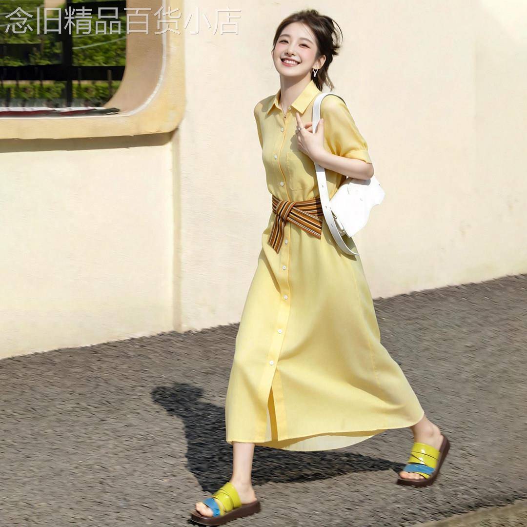 法式气质黄色衬衫式洋装女2026春季新款独特超好看收腰显瘦长裙子