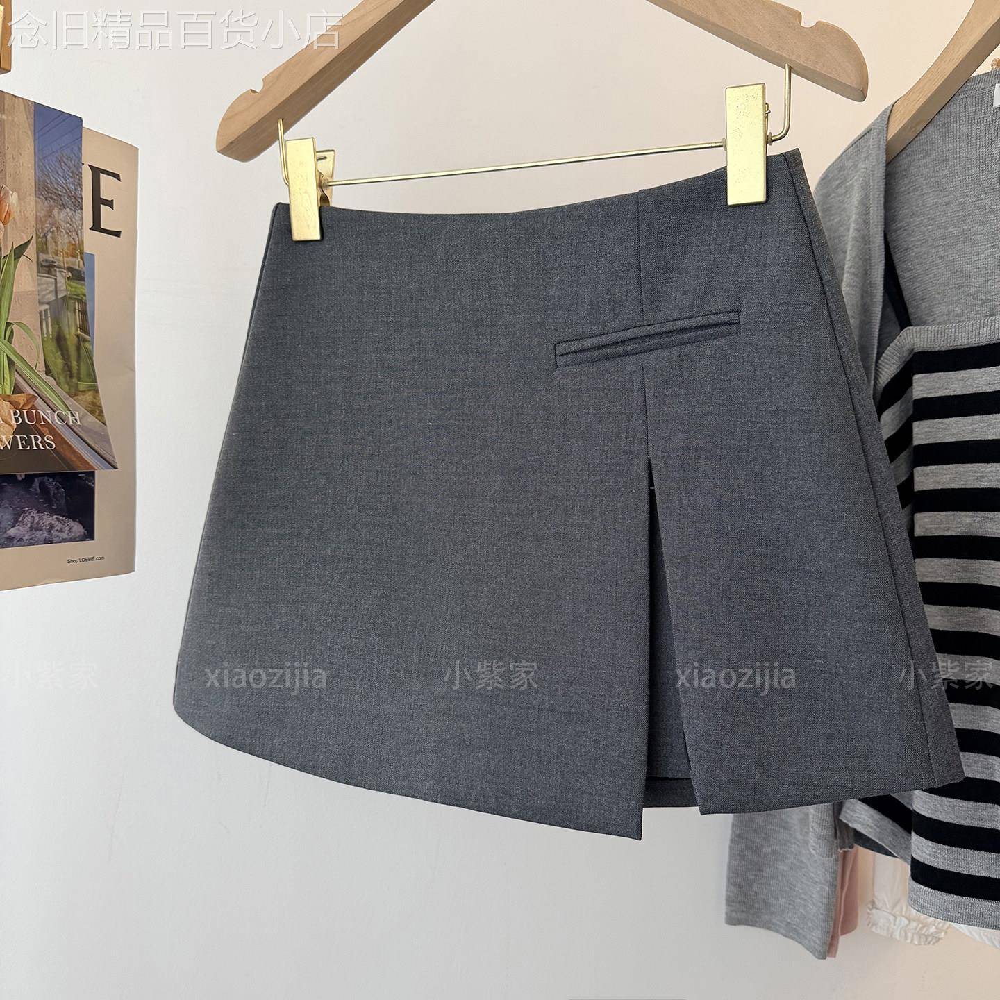 灰色半身裙女装2026新款夏季小个子百搭显瘦高腰a字开叉西装短裙