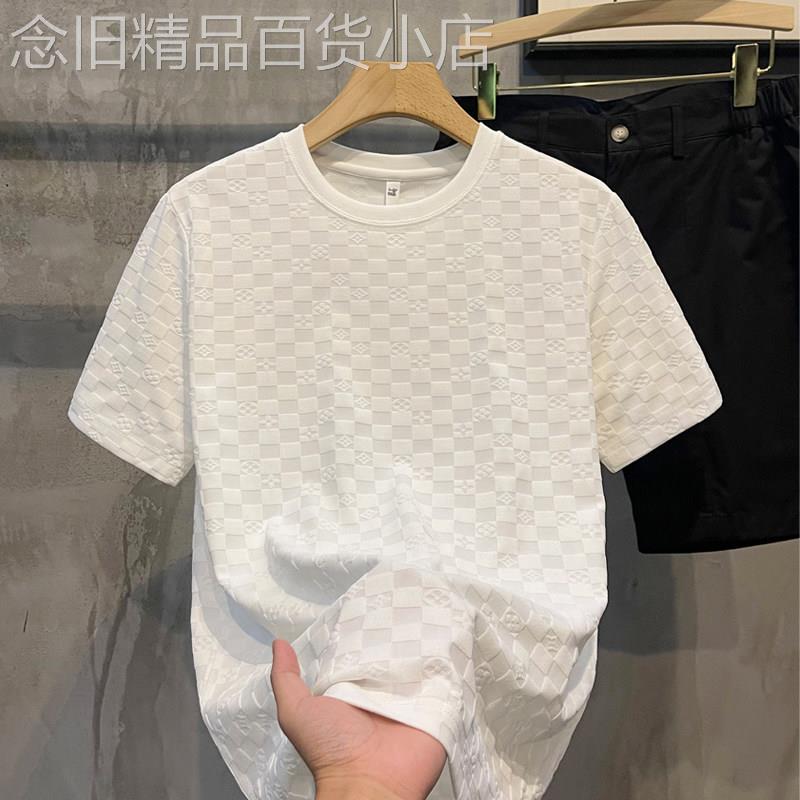 高档短袖T恤男士夏季薄款2025新款格子条纹上衣休闲潮流圆领半袖