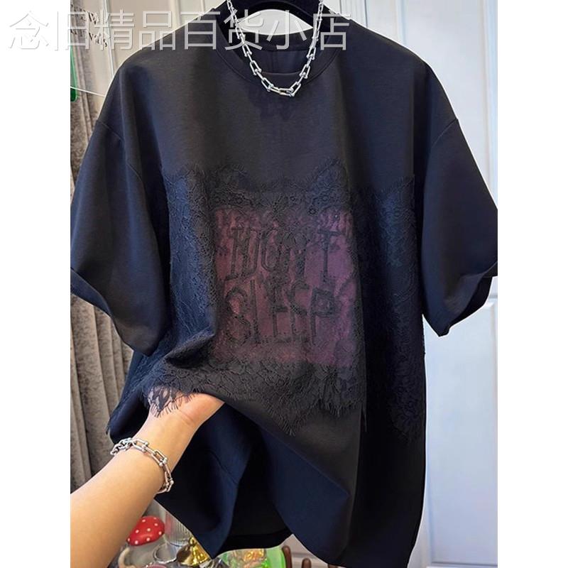 休闲短袖T恤女夏季新款时尚印花设计感蕾丝拼接大码半袖小衫上衣