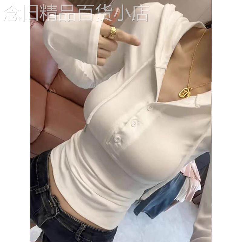 白色半开领连帽打底衫女春季纯欲风辣妹紧身显瘦内搭长袖T恤上衣