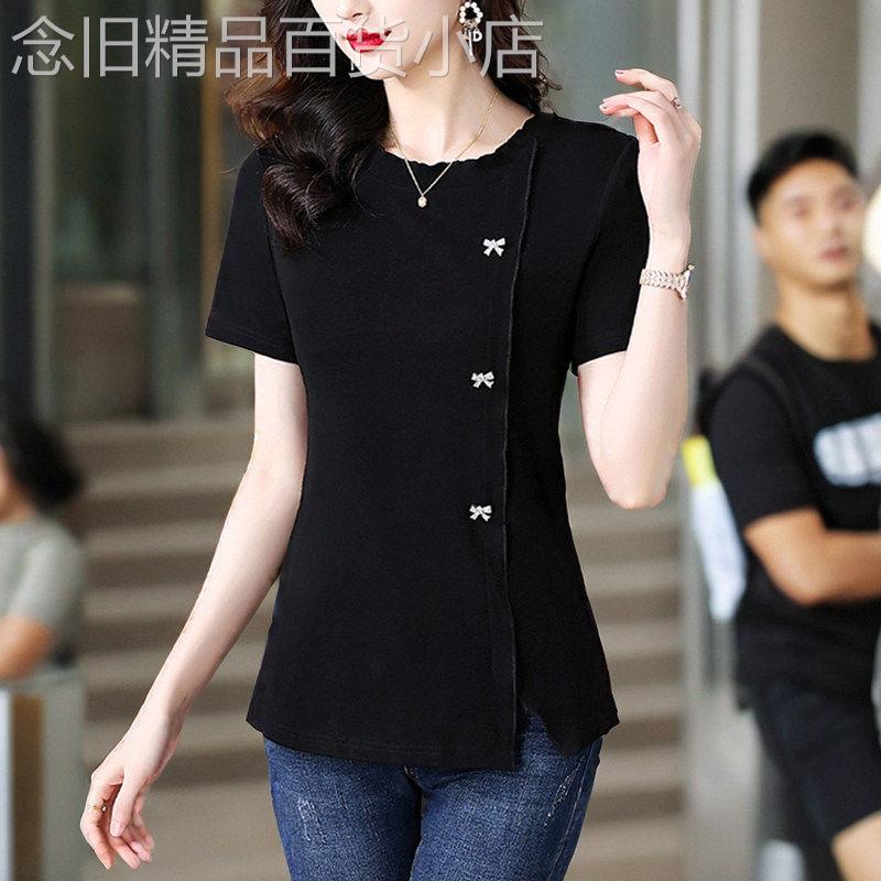 黑色短袖T恤女士2026夏季新款显瘦上衣胖mm大尺码遮肉减龄休闲上