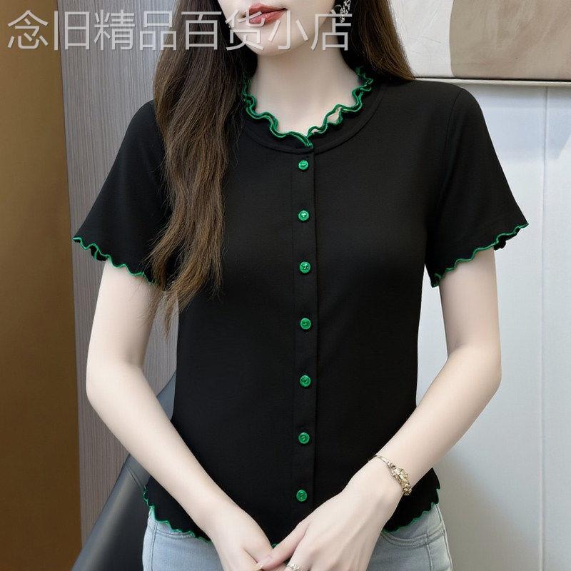 撞色荷叶领短袖t恤女2026新款夏季木耳边设计感宽松T恤正肩上衣