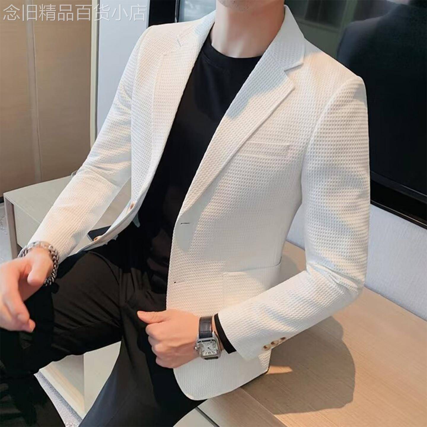 MK正品英伦风商务西服外套男春秋高端华夫格修身时尚男士单西西服