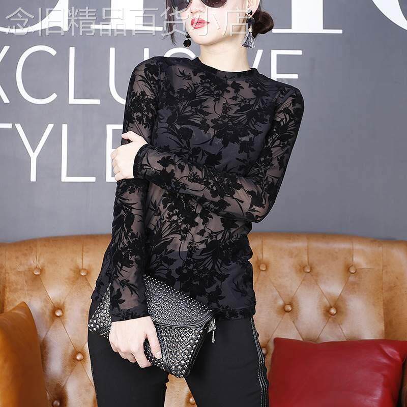 黑色蕾丝打底衫女春秋2025新款欧货洋气小衫网纱长袖高领修身上衣