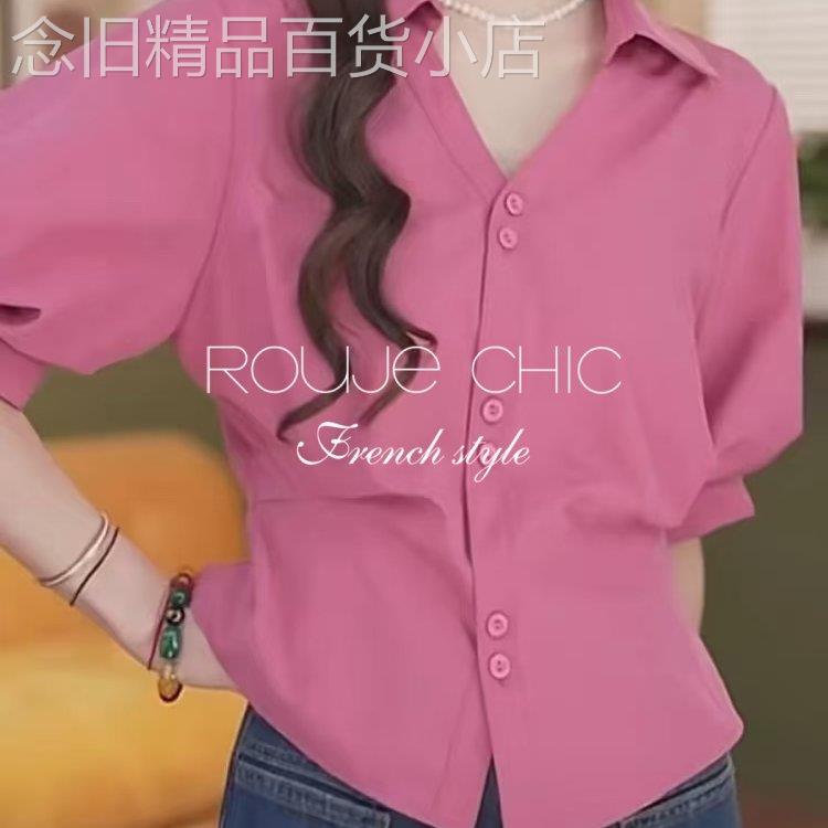 法国rouje chic夏泡泡袖纯色短袖上衣法式收腰翻领宽松通勤衬衫女