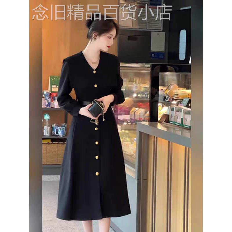 欧洲站2026春装法式赫本风收腰显瘦连衣裙高级感海军领长袖小黑裙