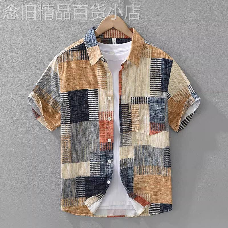 Madness Mdns Clot拼色潮流设计感短袖衬衫男夏翻领衬衫复古纯棉