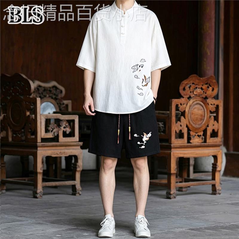 高端立领盘扣刺绣套装男夏季2026新款新中式棉麻透气男款短袖T恤图片
