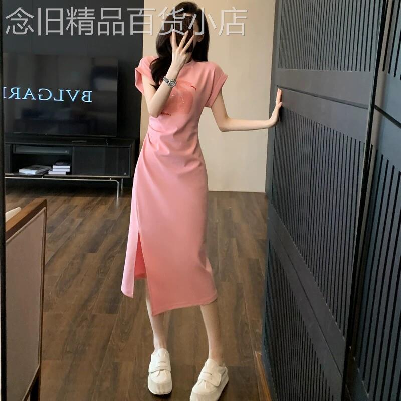 连衣裙女夏季新款修身收腰显瘦遮肚子短袖T恤裙休闲气质开叉长裙