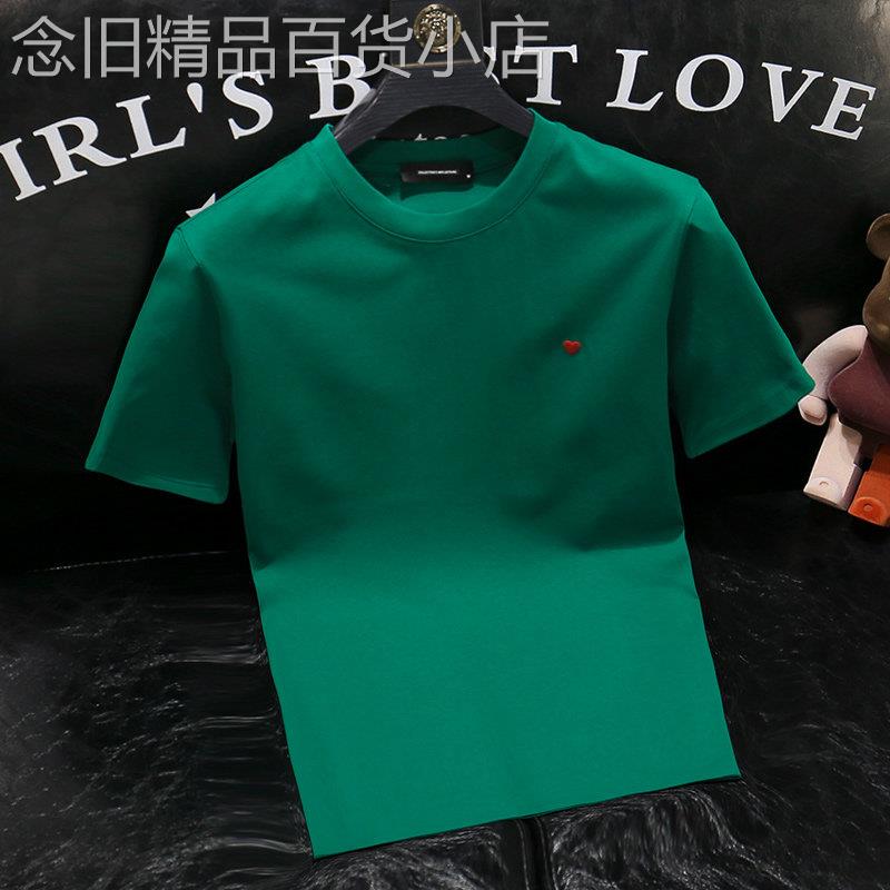 潮牌夏季新款百搭宽松爱心刺绣短袖t恤男士圆领修身休闲半袖上衣