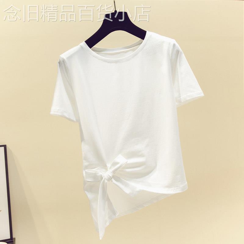 2025夏季新款纯棉韩版白色短袖T恤 不规则系带设计INS潮流感上衣