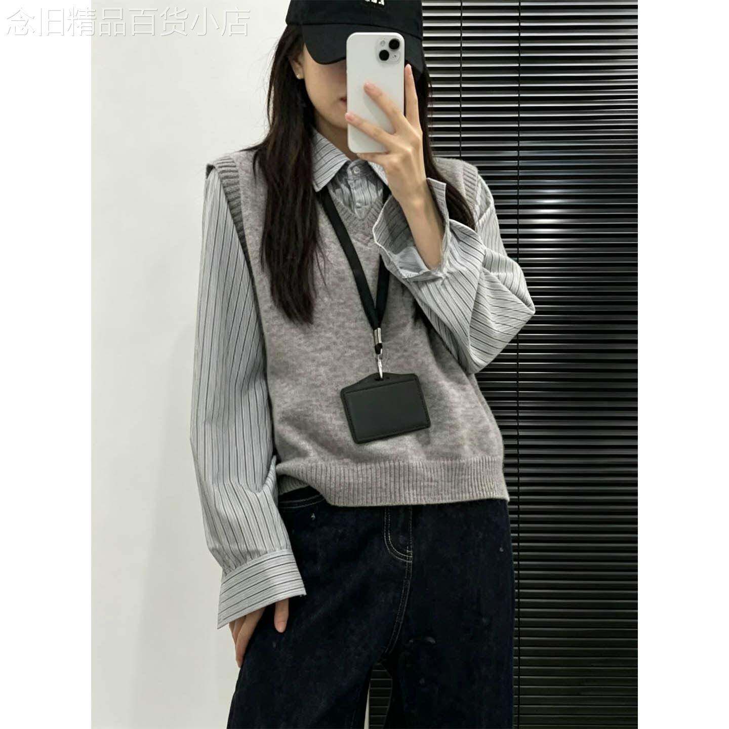 灰色假两件条纹拼接衬衫女春秋欧货韩系学院风叠穿马甲百搭上衣潮