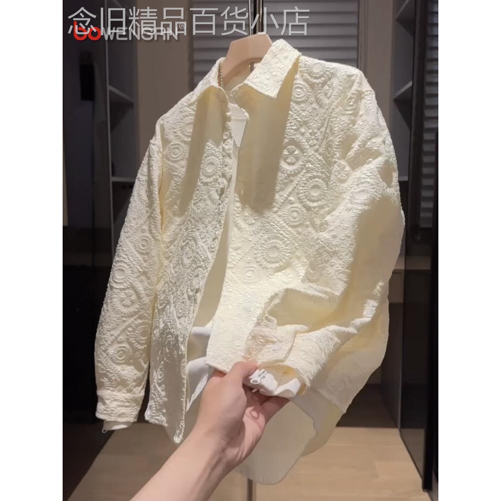 高端提花燕尾翻领衬衫男士2025新款春秋季宽松百搭休闲外套男款潮