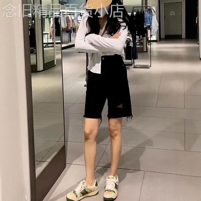 黑色破洞牛仔短裤女夏季2026年新款小个子高腰五分裤毛边直筒五分