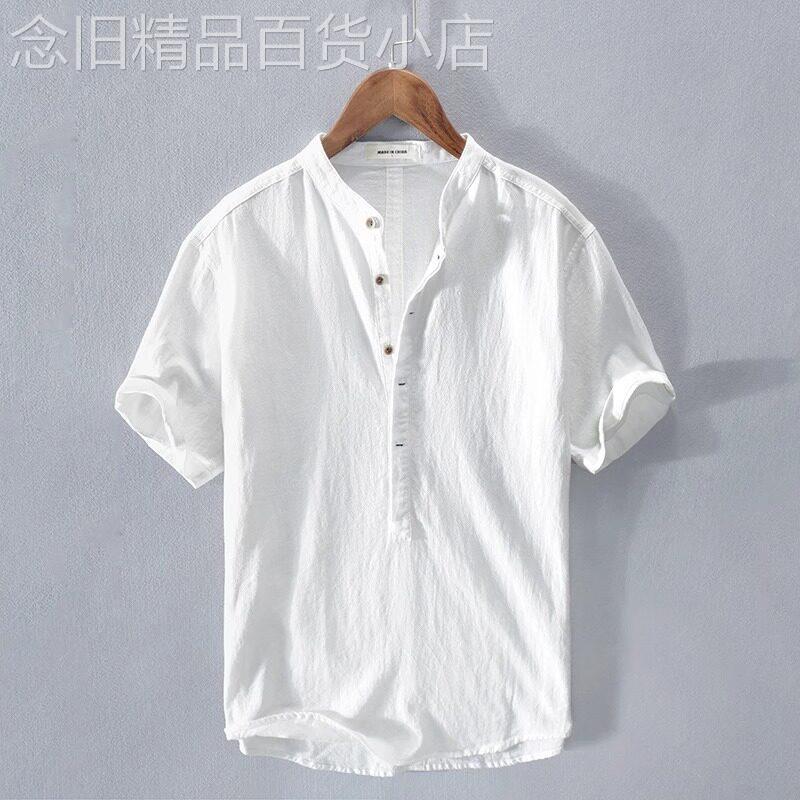 意大利棉麻冰丝薄款T恤男士夏季短袖白色简约POLO衫立领苎麻衬衫