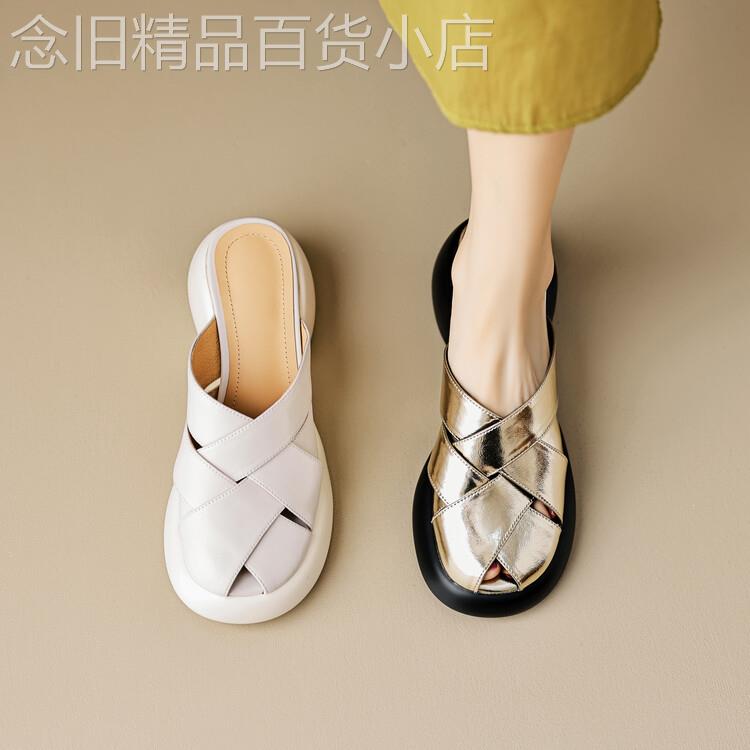 义大利Kaleni&Oli包头厚底防水台女鞋 真皮粗跟编织带时尚半拖鞋