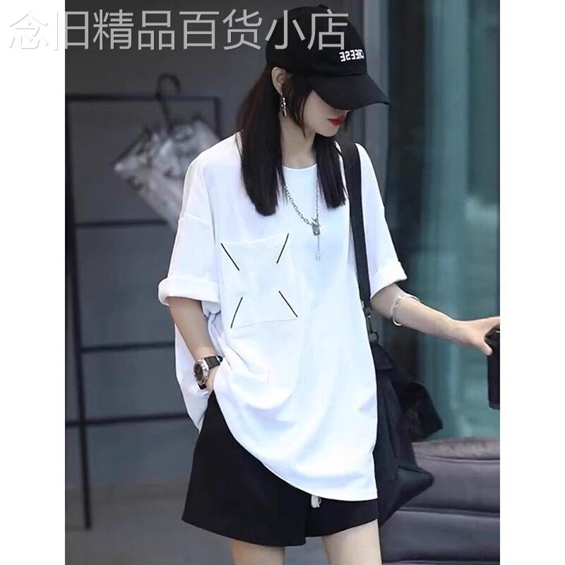白色大版短袖t恤女2025夏季新款韩版休闲宽松中长款纯棉体恤上衣