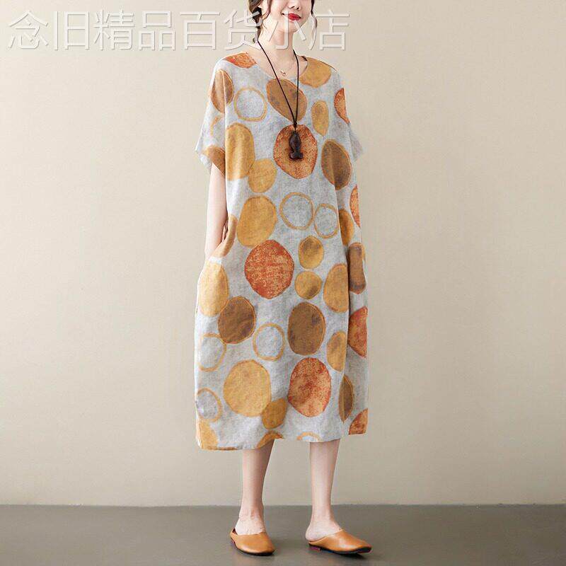 棉麻印花短袖洋装女夏新款大尺码宽松显瘦遮肚时尚圆领女士中长裙