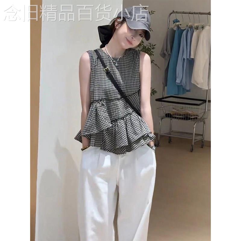 格子圆领荷叶边娃娃衫女2026夏季新款宽松遮肚显瘦设计感无袖上衣