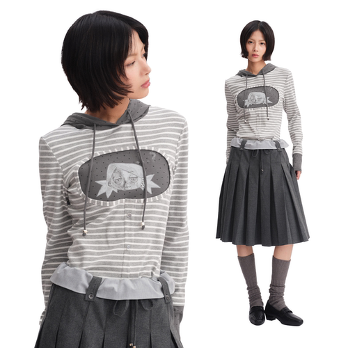 Oink oink Eziona艺术家联名卡通印花灰色条纹连帽薄款长袖T恤女