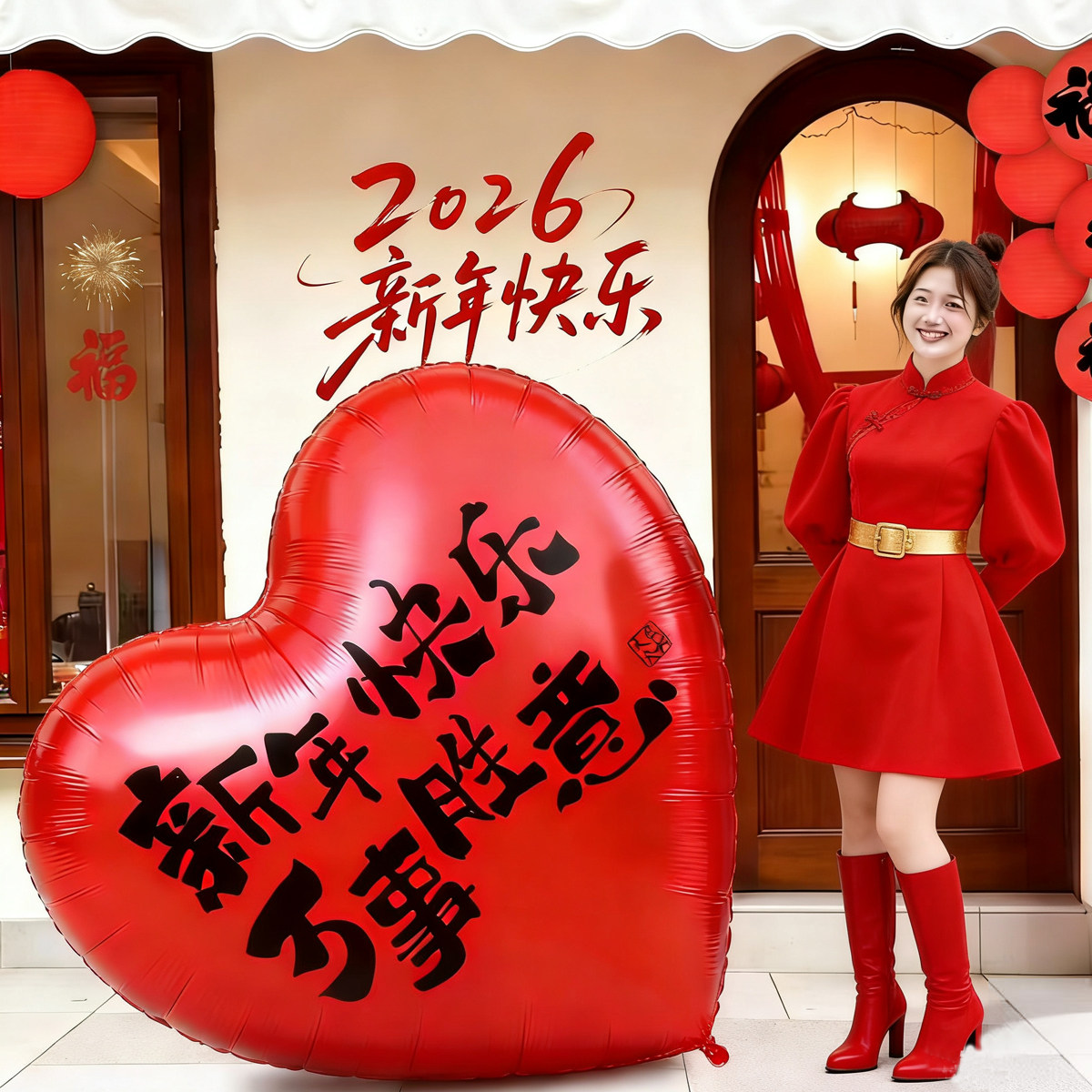 新年超大爱心装饰气球新春店面2026商场过年客厅布置春节元旦道具