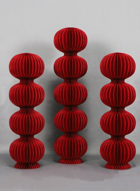 婚庆红色折叠纸质灯笼柱摆件婚礼迎宾区派对装饰订婚宴蜂窝球立柱