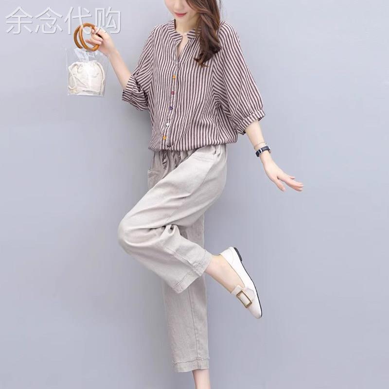 时尚休闲 棉麻套装女2025年夏季新款气质条纹上衣亚麻九分裤两件