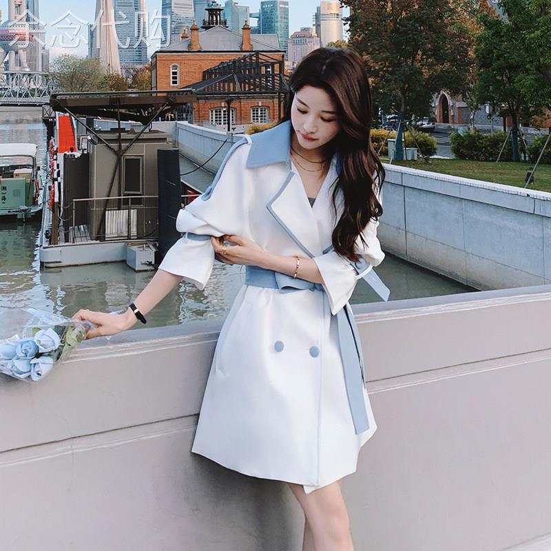 气质甜美拼色收腰系带风衣外套女2025秋季减龄温柔风甜美白色外套