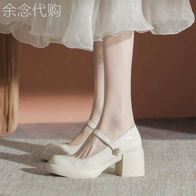 真皮单鞋女2025春秋新款粗跟玛丽珍一字带小皮鞋浅口仙女风高跟鞋