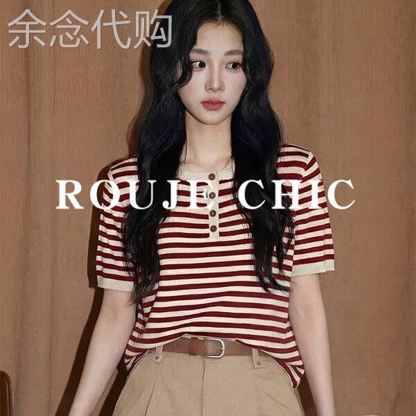 法国rouje chic法式复古红色条纹圆领短袖T恤女夏季百搭短款上衣
