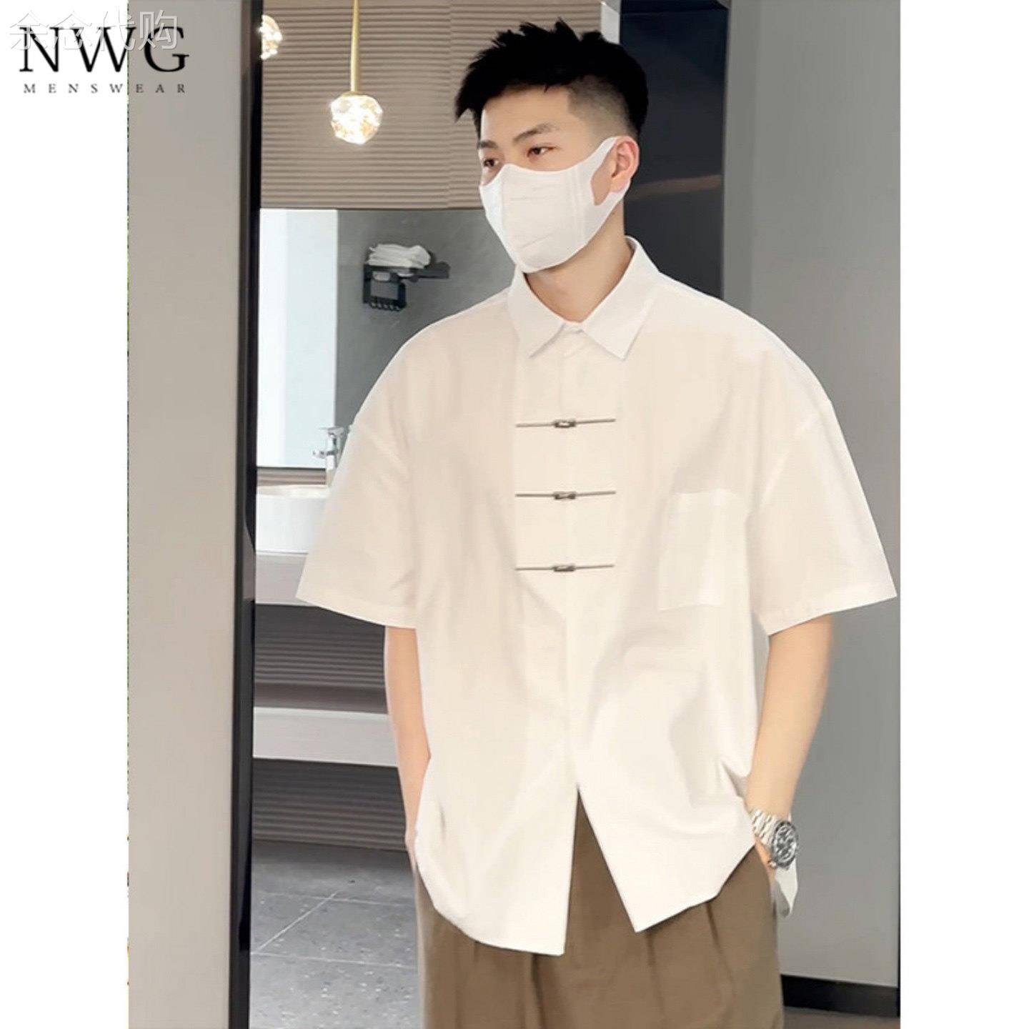 白色冰丝短袖衬衫男夏季薄款新中式国风半袖衬衣男士休闲防晒外套