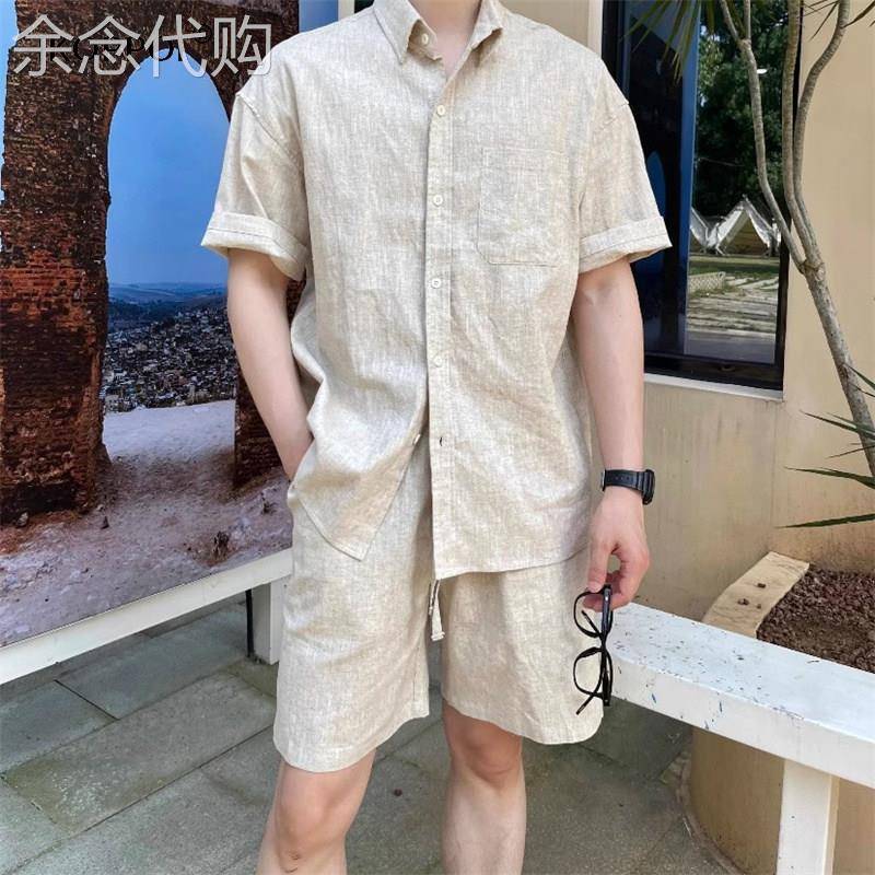 高端棉麻透气薄款衬衫夏季短裤套装男韩系休闲宽松亚麻短袖两件套