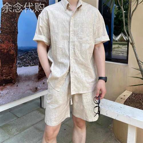 高端棉麻透气薄款衬衫夏季短裤套装男韩系休闲宽松亚麻短袖两件套