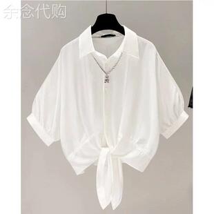 白色通勤风雪纺衬衫女款夏季欧货时尚气质短袖POLO领宽松防晒罩衫