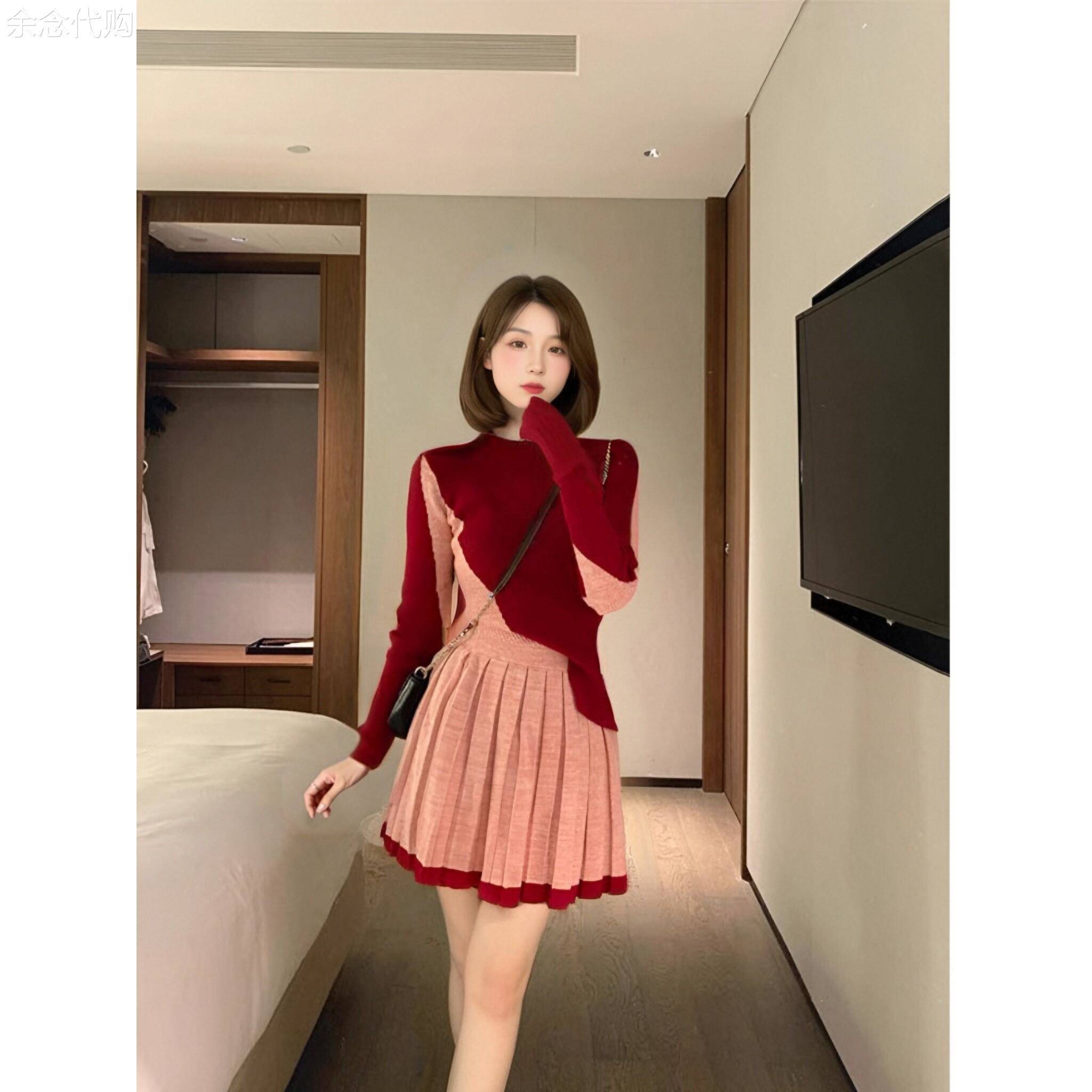 明星小香风针织红色连衣裙套装女2025年秋季新款茶歇拼色显瘦裙子