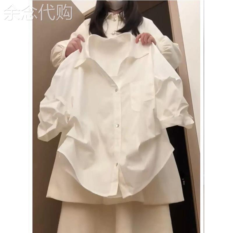 轻职风白色掐腰泡泡袖t衬衫女2026夏季新款欧货宽松设计感休闲衬