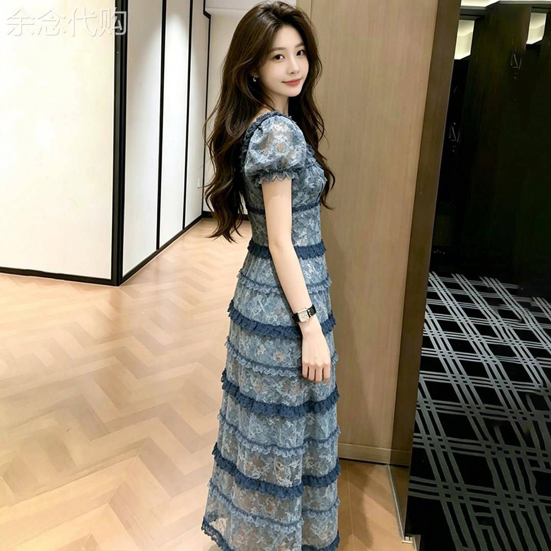 法式气质蓝色碎花泡泡袖洋装女2026夏季新款小个子巨好看长裙子