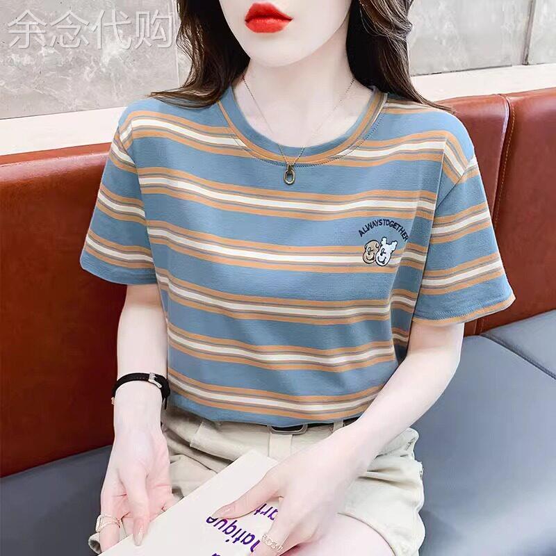 刺绣创意条纹短袖T恤女个性女士上衣夏季2026新款宽松雪纺衫T恤