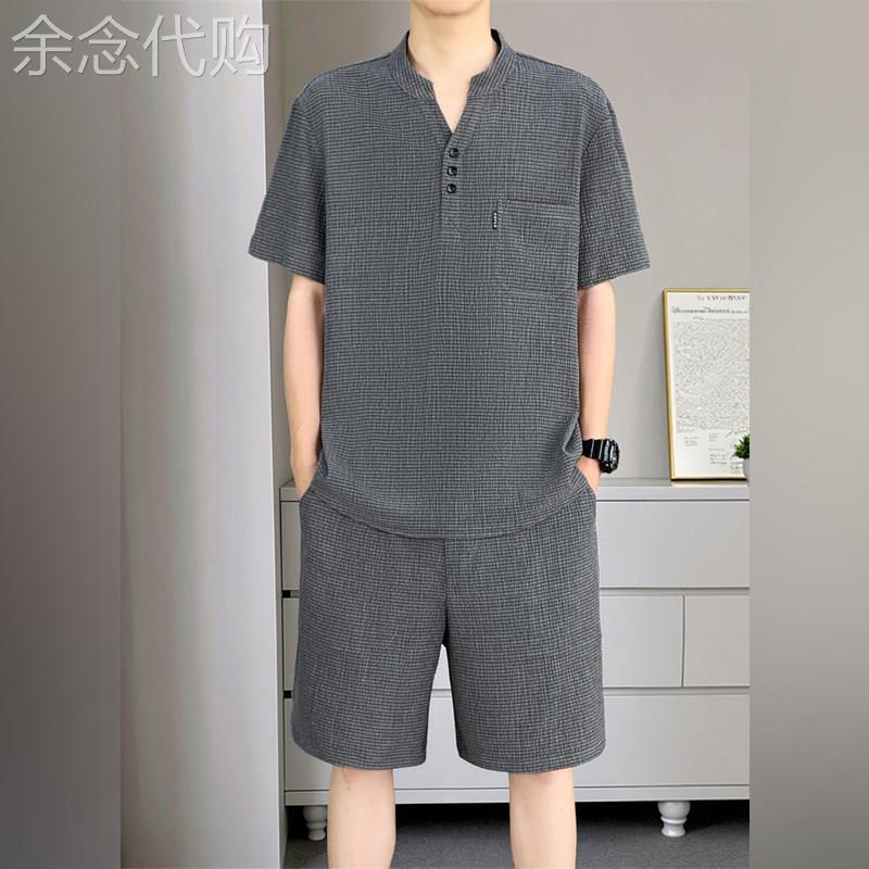潮牌休闲冰丝套装男2026夏季新款潮流V领短袖t恤短裤高级感一整套