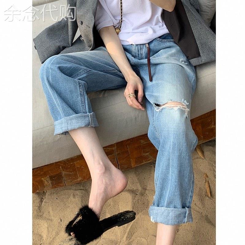 卷边破洞牛仔裤女秋季薄款复古高腰直筒阔腿裤宽松大码女装长裤子