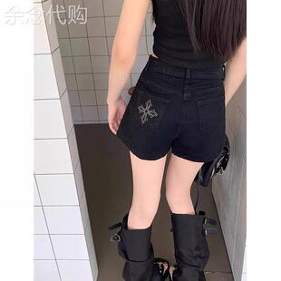 大尺码水洗刺绣黑色牛仔短裤女士夏季欧货辣妹修身显瘦直筒包臀热