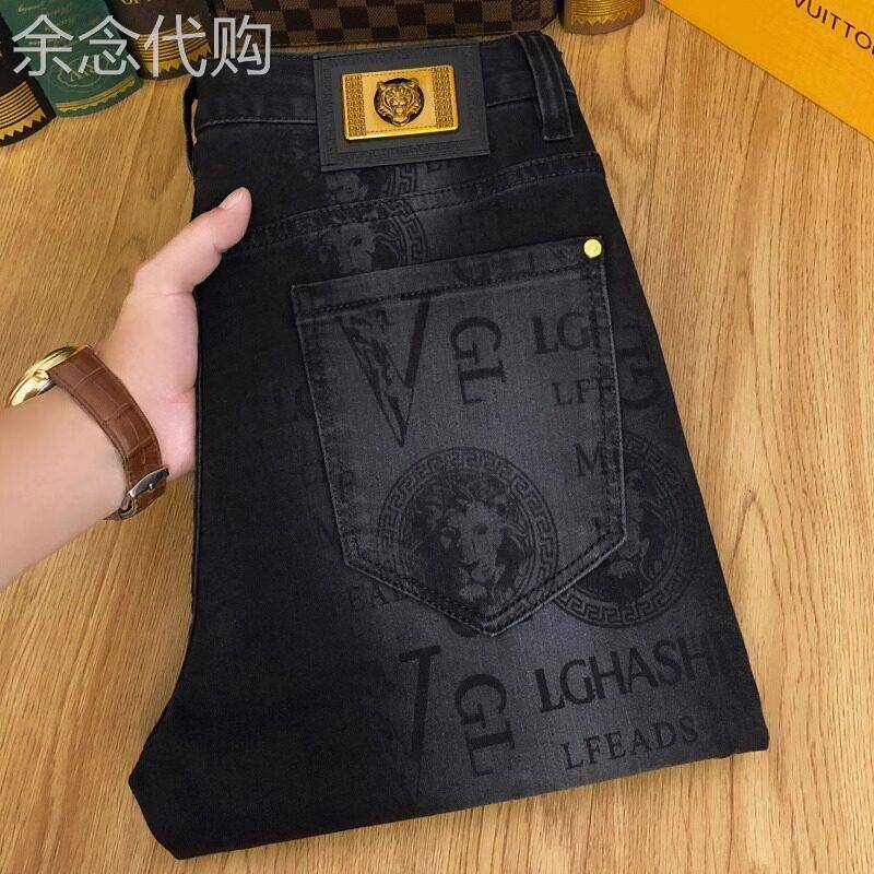 法国高端潮牌黑色牛仔裤男士修身小脚弹力印花中腰休闲长裤子秋季