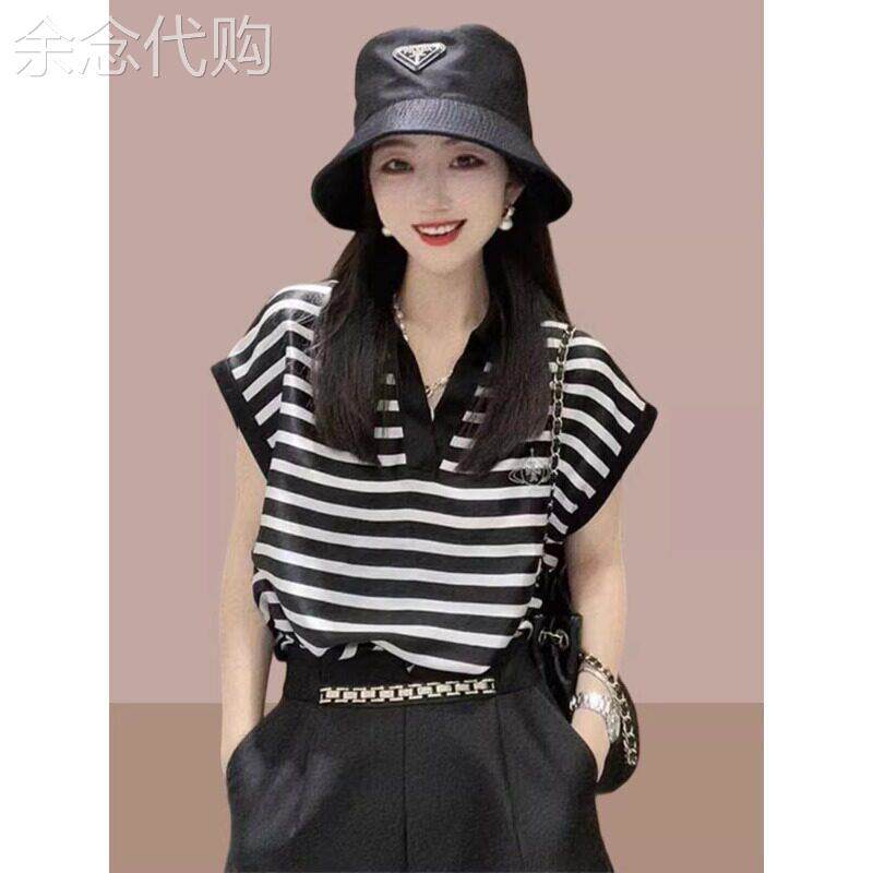 高端欧货黑色条纹正肩短袖T恤女士夏季小个子显瘦洋气欧洲站上衣