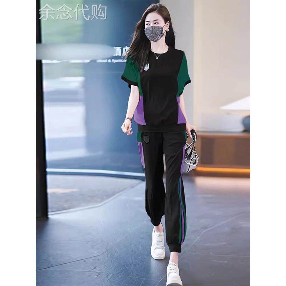 2025夏季新款时尚拼色短袖减龄裤子两件套女大码女装休闲运动套装