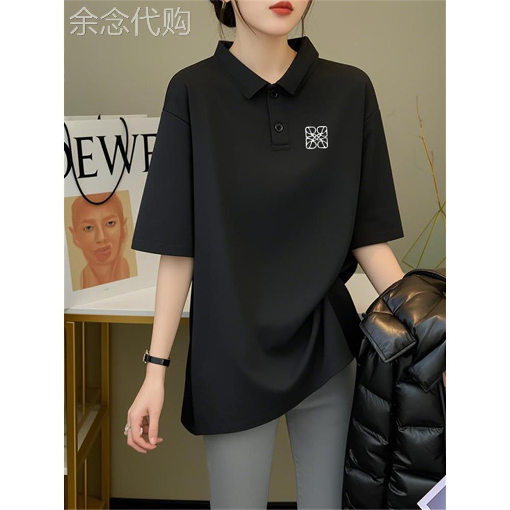 韩国Polo领黑色短袖t恤女子夏季2025年新的宽松年龄减少屁股覆盖