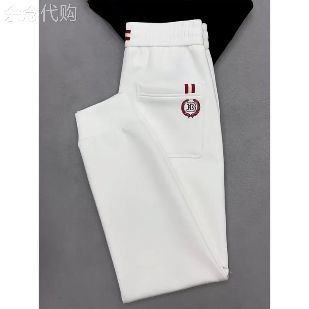 潮牌刺绣轻奢休闲裤男士2025秋季高级感时尚白色针织弹力运动卫裤